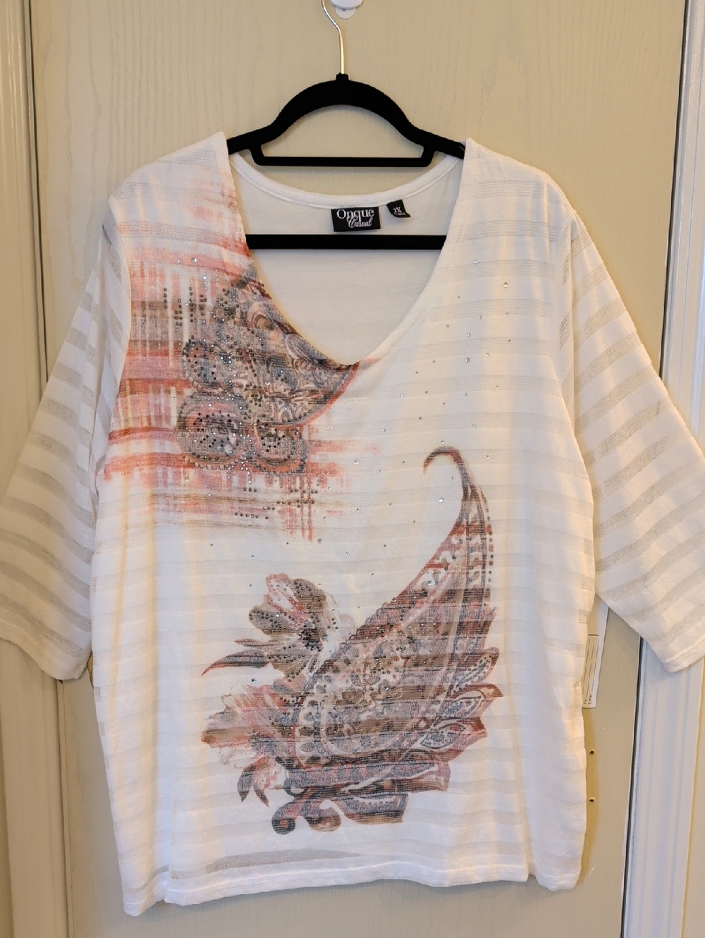 White Coral V-Neck Sheer Tunic Top 2XL NWT 3/4 Sleeve Sparkle Blouse